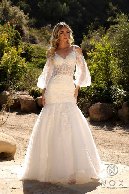 Nox Anabel JE983L Long Bell Sleeve Mermaid Bridal Gown by DiscountDressShop