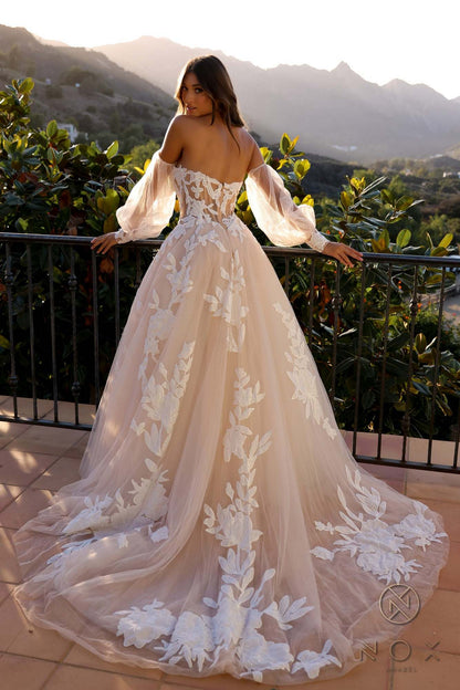 Nox Anabel JE990L Long Puff Sleeve Strapless Corset A-Line Bridal Gown by DiscountDressShop