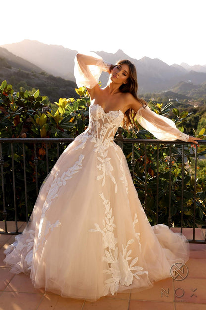 Nox Anabel JE990L Long Puff Sleeve Strapless Corset A-Line Bridal Gown by DiscountDressShop