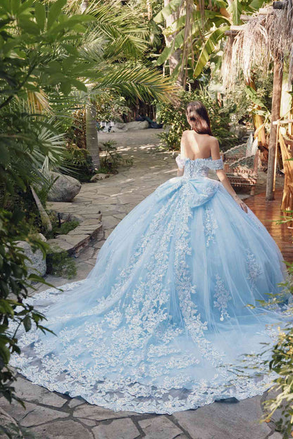 Juliet JT1458J Off the Shoulder Draped Sleeve Cathedral Train Quince Dress by DiscountDressShop