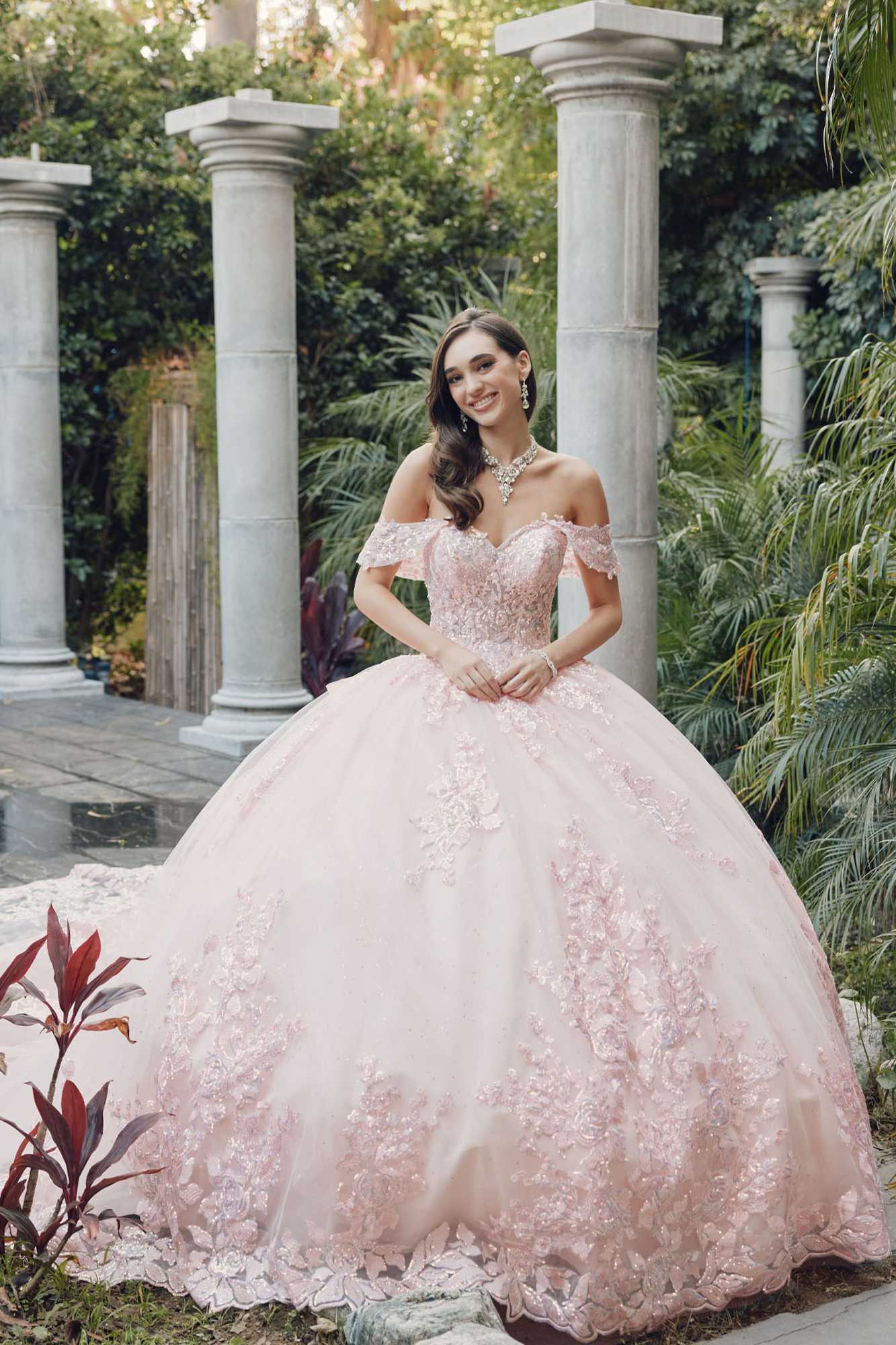 Juliet JT1458J Off the Shoulder Draped Sleeve Cathedral Train Quince Dress by DiscountDressShop