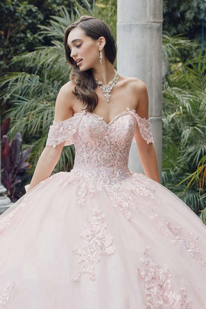 Juliet JT1458J Off the Shoulder Draped Sleeve Cathedral Train Quince Dress by DiscountDressShop