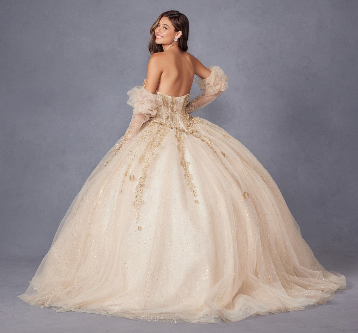 Juliet JT1465H Dress 3d Flowers Applique Puff Sleeve Quinceanera Dress by DiscountDressShop