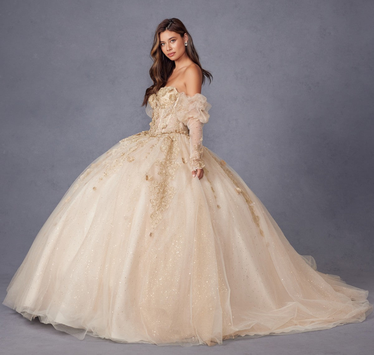 Juliet JT1465H Dress 3d Flowers Applique Puff Sleeve Quinceanera Dress by DiscountDressShop