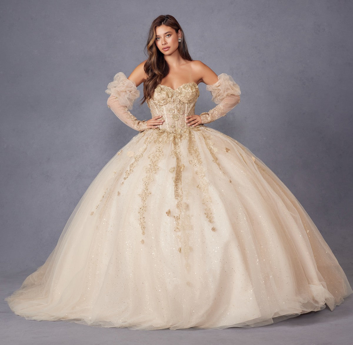 Juliet JT1465H Dress 3d Flowers Applique Puff Sleeve Quinceanera Dress by DiscountDressShop
