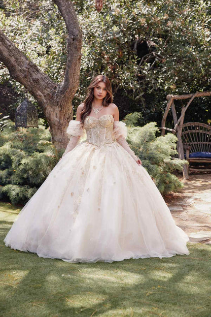 Juliet JT1465H Dress 3d Flowers Applique Puff Sleeve Quinceanera Dress by DiscountDressShop