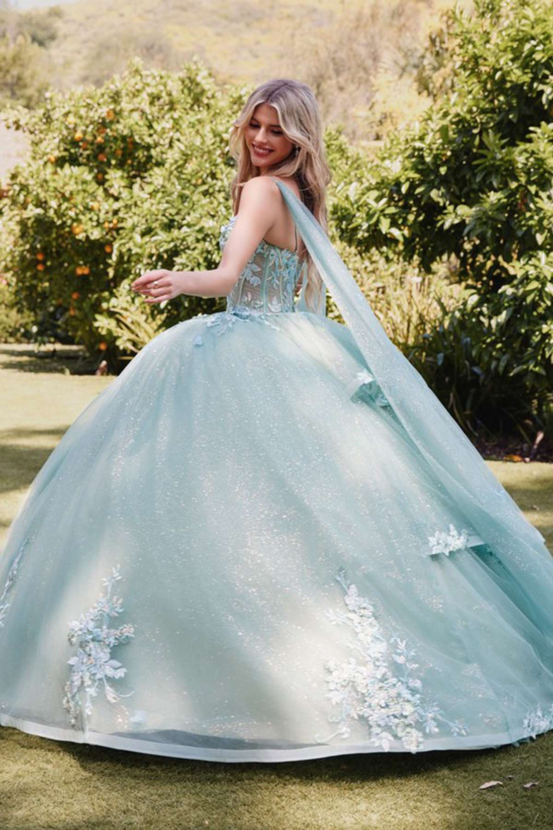 Juliet JT1466H Dress 3D Multi Floral Applique Cape Sleeve Quinceanera Gown by DiscountDressShop