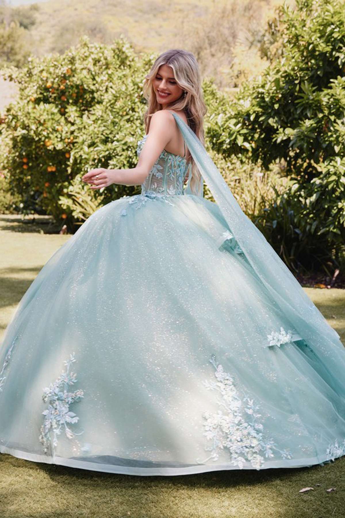 Juliet JT1466H Dress 3D Multi Floral Applique Cape Sleeve Quinceanera Gown by DiscountDressShop