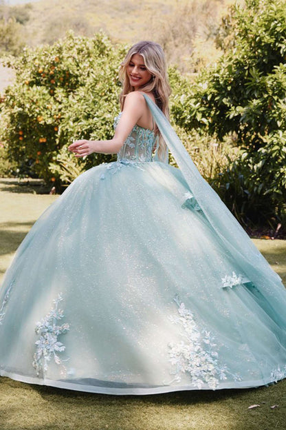 Juliet JT1466H Dress 3D Multi Floral Applique Cape Sleeve Quinceanera Gown by DiscountDressShop