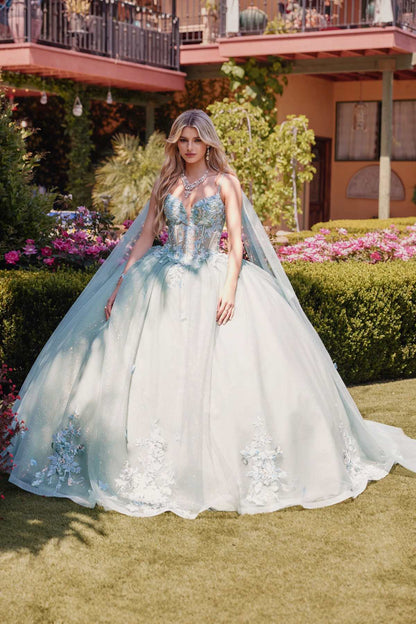 Juliet JT1466H Dress 3D Multi Floral Applique Cape Sleeve Quinceanera Gown by DiscountDressShop