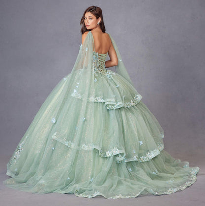 Juliet JT1466H Dress 3D Multi Floral Applique Cape Sleeve Quinceanera Gown by DiscountDressShop