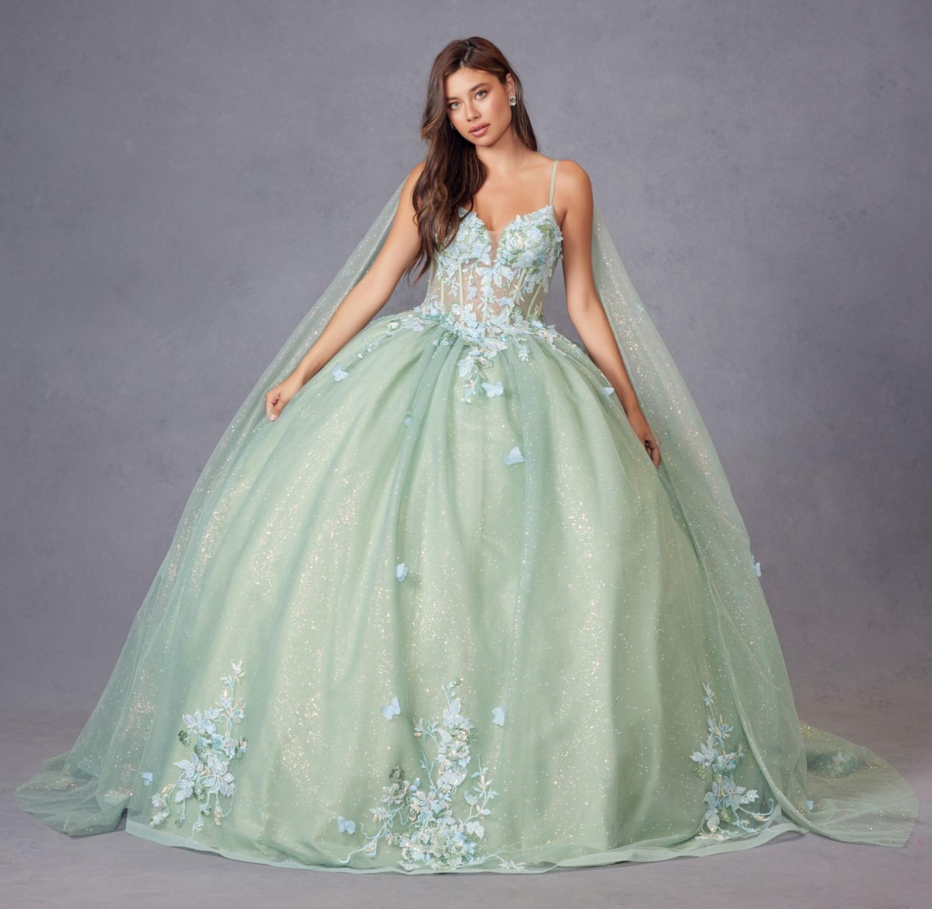 Juliet JT1466H Dress 3D Multi Floral Applique Cape Sleeve Quinceanera Gown by DiscountDressShop