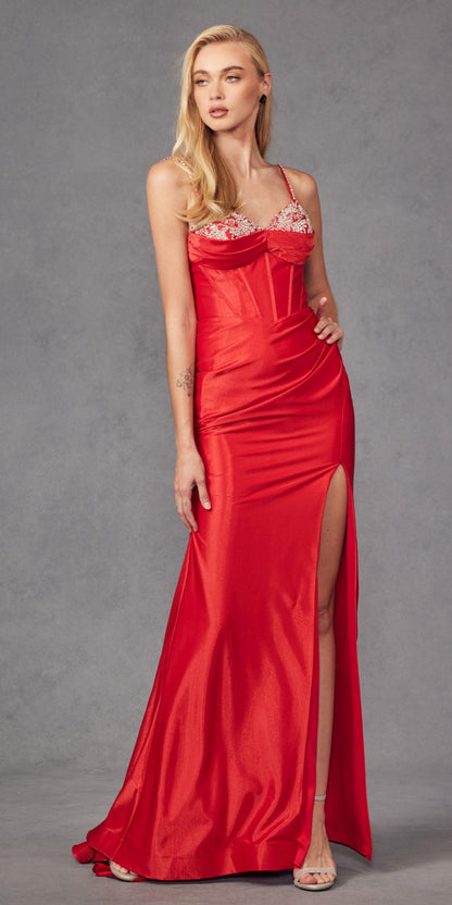 Juliet JT2434A Long V-Neck Embellished Corset Bodice Fitted Mermaid Gown by DiscountDressShop