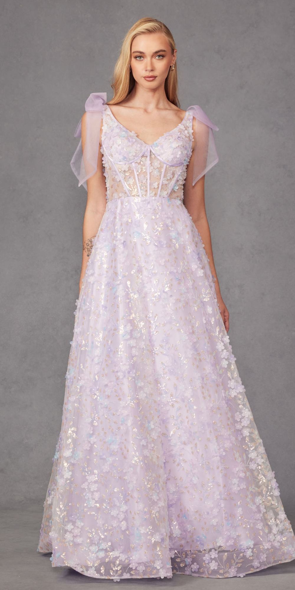 Juliet JT2439K Long 3D Floral Glitter Print Sleeveless A-line Gown by DiscountDressShop