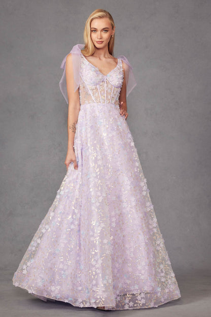 Juliet JT2439K Long 3D Floral Glitter Print Sleeveless A-line Gown by DiscountDressShop