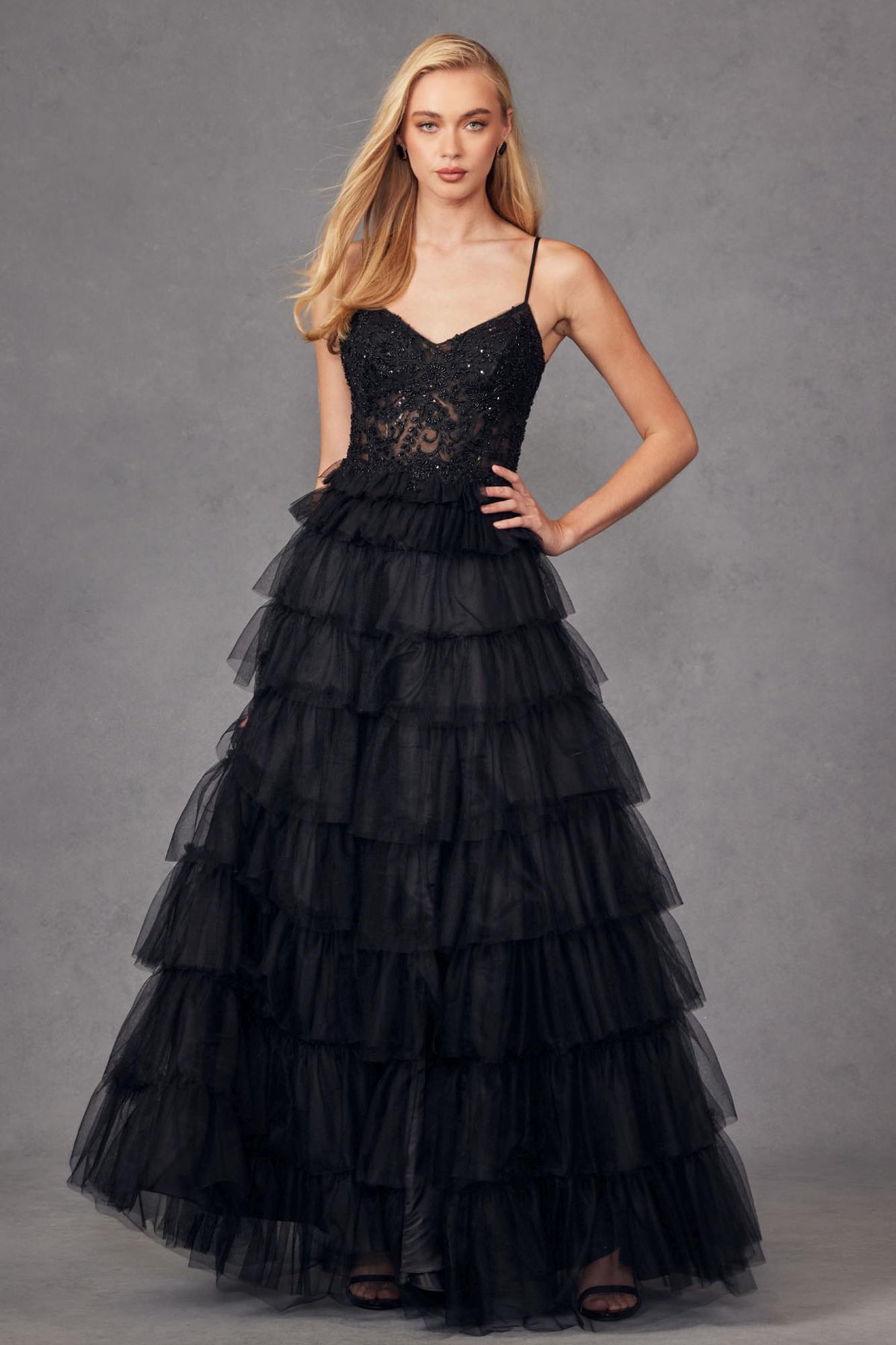Juliet JT2451S Long Lace Bodice Sleeveless A-line Ruffled Gown by DiscountDressShop