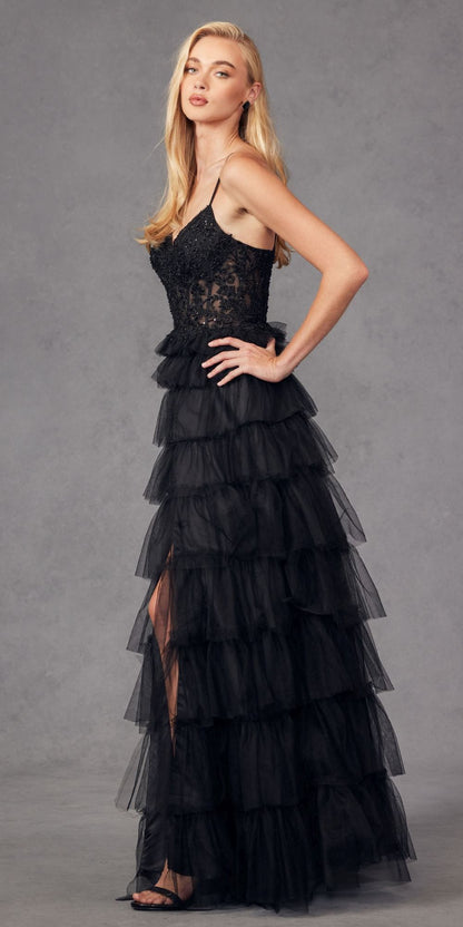 Juliet JT2451S Long Lace Bodice Sleeveless A-line Ruffled Gown by DiscountDressShop