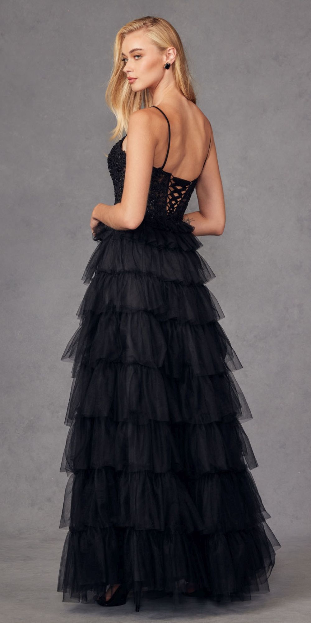 Juliet JT2451S Long Lace Bodice Sleeveless A-line Ruffled Gown by DiscountDressShop