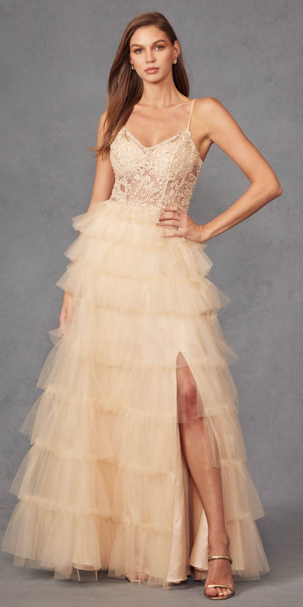 Juliet JT2451S Long Lace Bodice Sleeveless A-line Ruffled Gown by DiscountDressShop