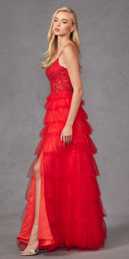 Juliet JT2451S Long Lace Bodice Sleeveless A-line Ruffled Gown by DiscountDressShop
