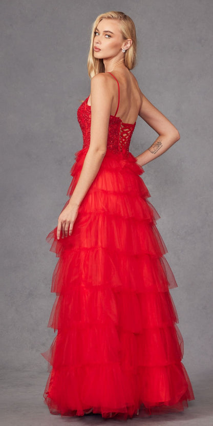 Juliet JT2451S Long Lace Bodice Sleeveless A-line Ruffled Gown by DiscountDressShop
