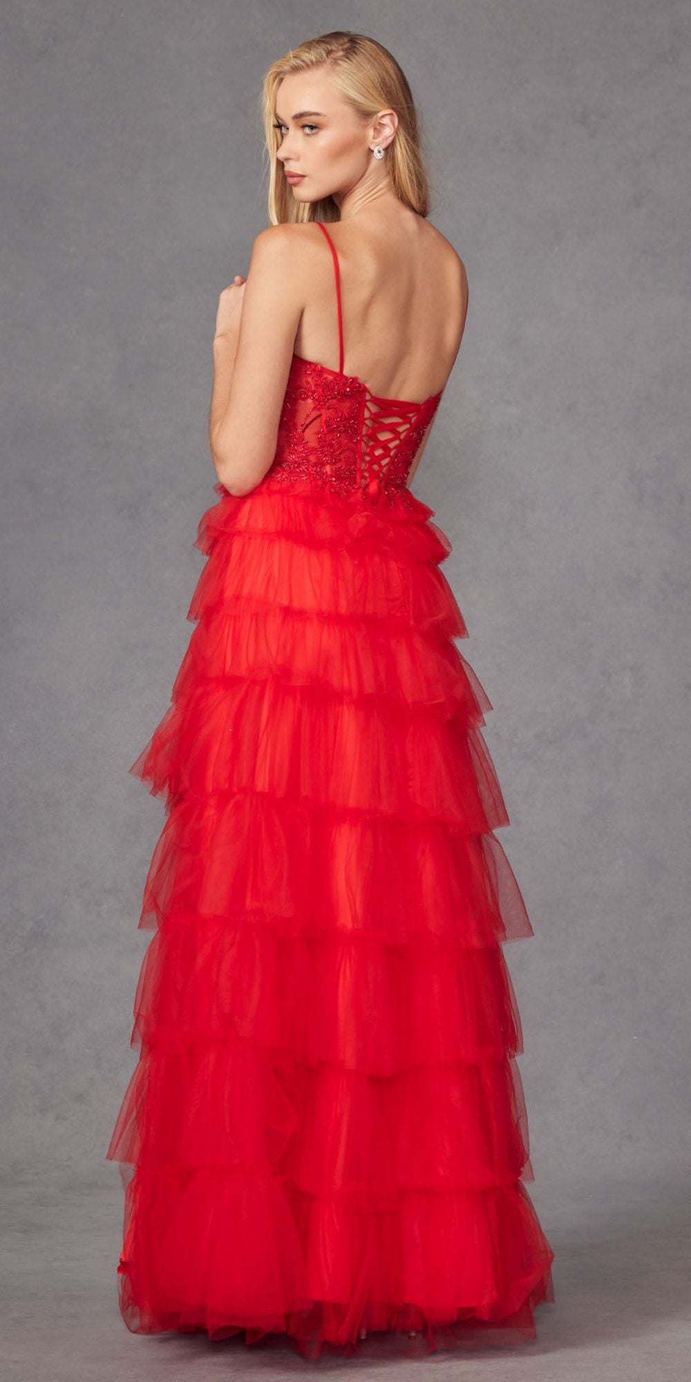 Juliet JT2451S Long Lace Bodice Sleeveless A-line Ruffled Gown by DiscountDressShop