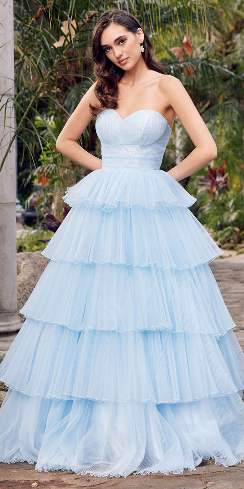 Juliet JT2452K Long Pleated Strapless Tiered Ruffle Tulle A-Line Gown by DiscountDressShop