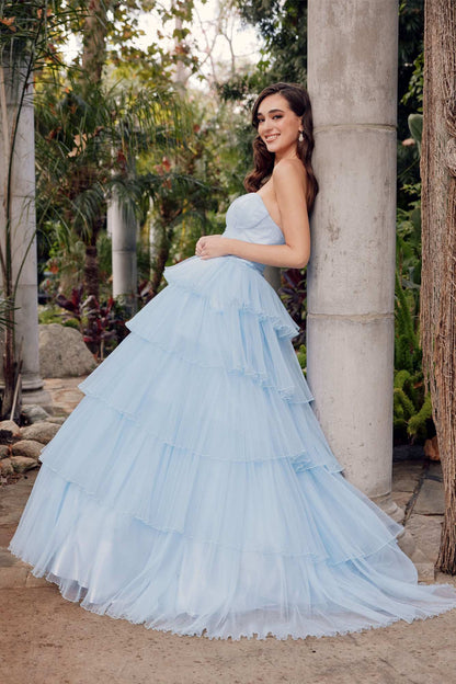 Juliet JT2452K Long Pleated Strapless Tiered Ruffle Tulle A-Line Gown by DiscountDressShop