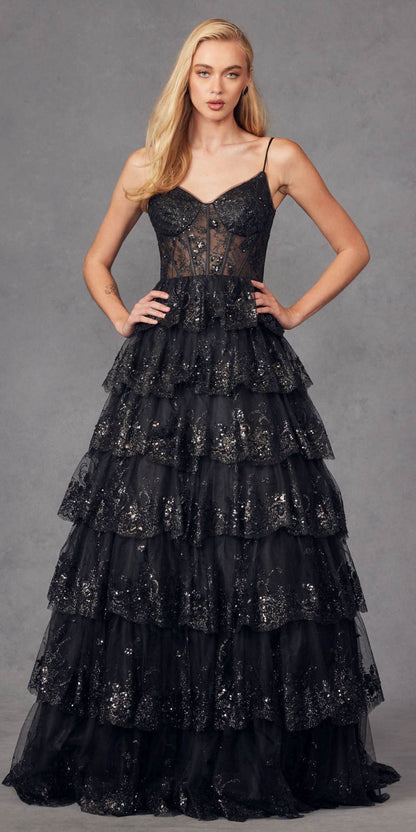Juliet JT2454K Long Boned Bodice Tiered Layered Sequin Detail A-Line Gown by DiscountDressShop