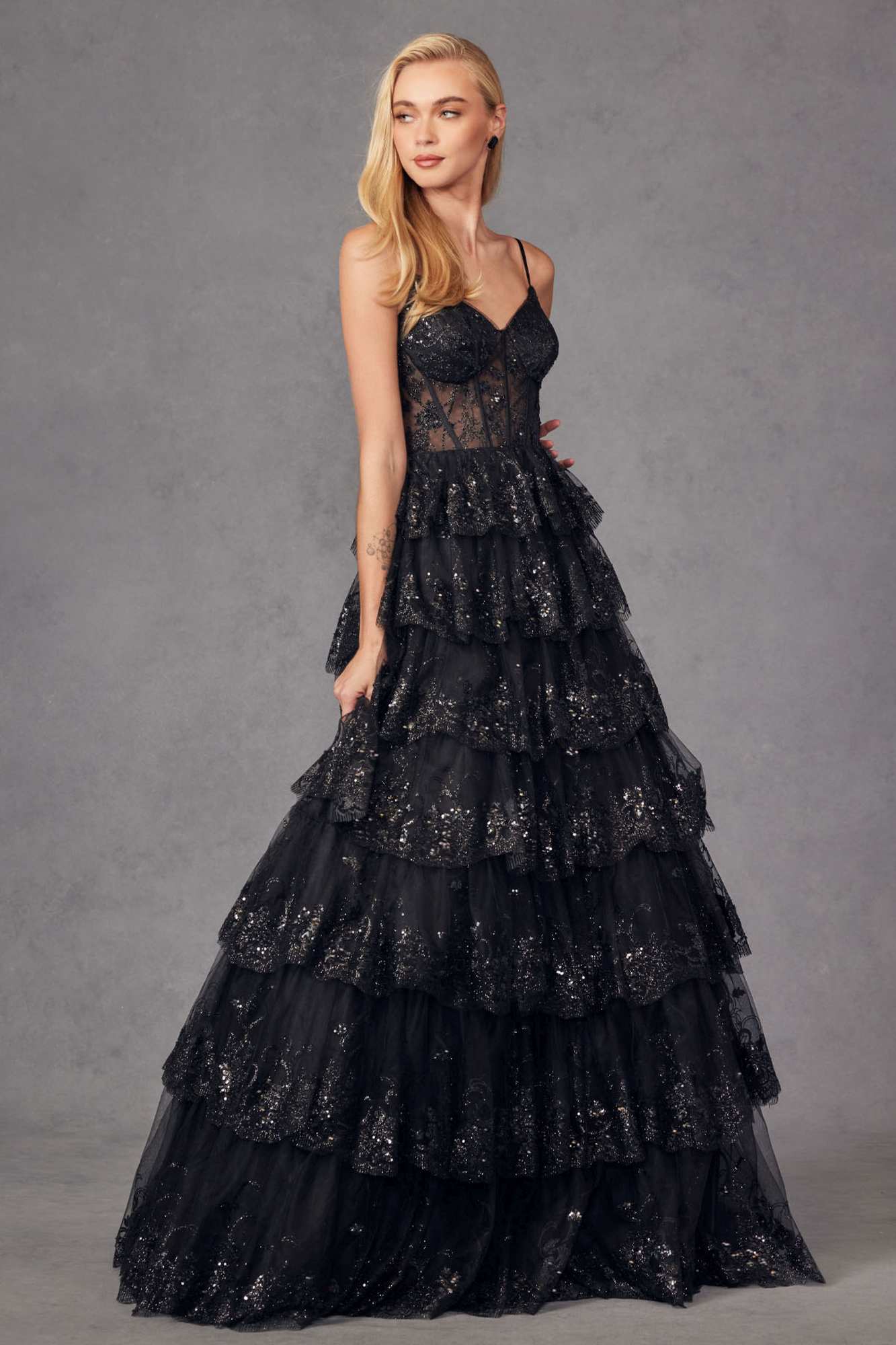 Juliet JT2454K Long Boned Bodice Tiered Layered Sequin Detail A-Line Gown by DiscountDressShop