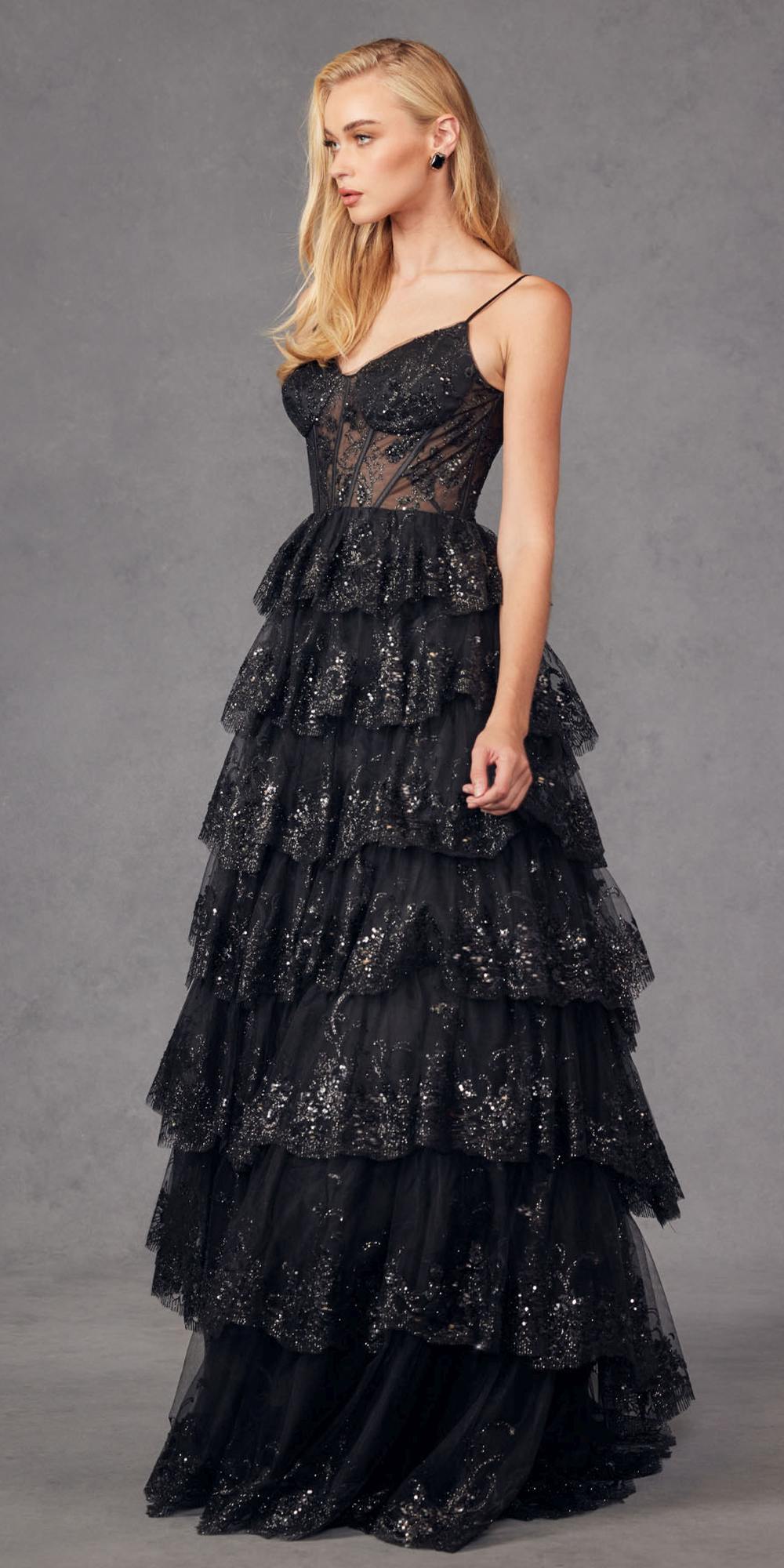 Juliet JT2454K Long Boned Bodice Tiered Layered Sequin Detail A-Line Gown by DiscountDressShop