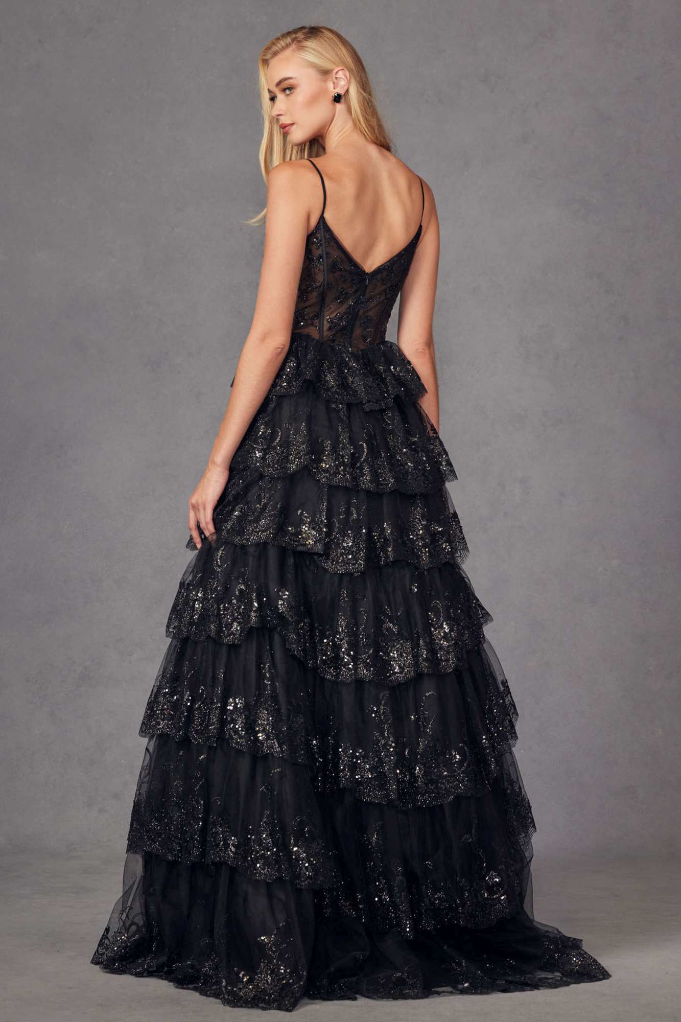 Juliet JT2454K Long Boned Bodice Tiered Layered Sequin Detail A-Line Gown by DiscountDressShop