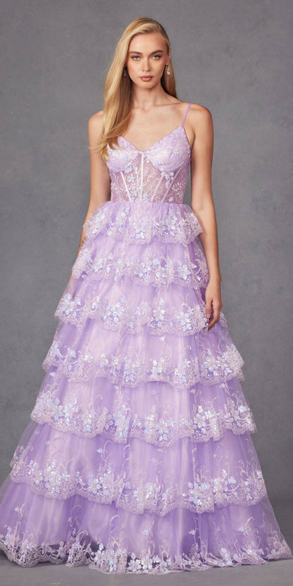 Juliet JT2454K Long Boned Bodice Tiered Layered Sequin Detail A-Line Gown by DiscountDressShop