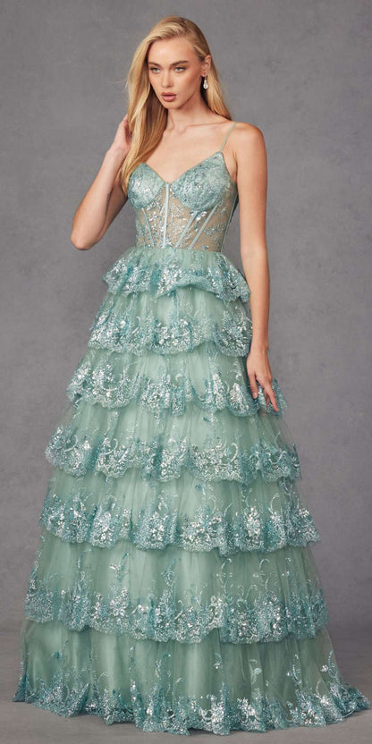 Juliet JT2454K Long Boned Bodice Tiered Layered Sequin Detail A-Line Gown by DiscountDressShop
