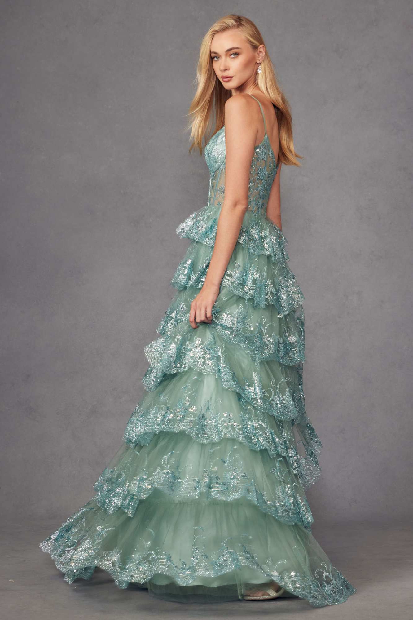 Juliet JT2454K Long Boned Bodice Tiered Layered Sequin Detail A-Line Gown by DiscountDressShop