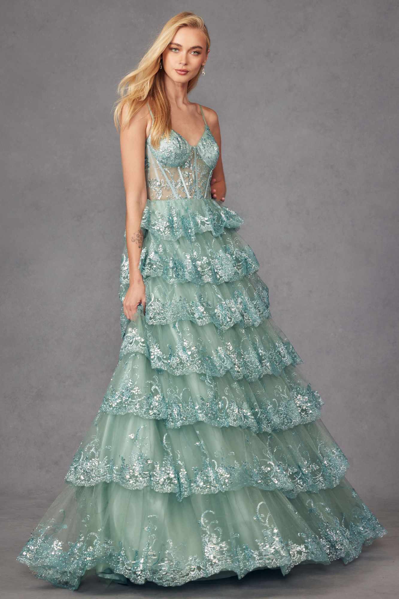 Juliet JT2454K Long Boned Bodice Tiered Layered Sequin Detail A-Line Gown by DiscountDressShop