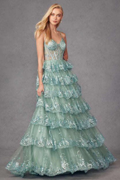 Juliet JT2454K Long Boned Bodice Tiered Layered Sequin Detail A-Line Gown by DiscountDressShop