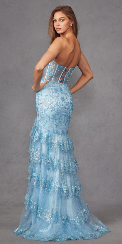 Juliet JT2455K Long Strapless Sweetheart Fitted Sheer Bodice Slit Gown by DiscountDressShop
