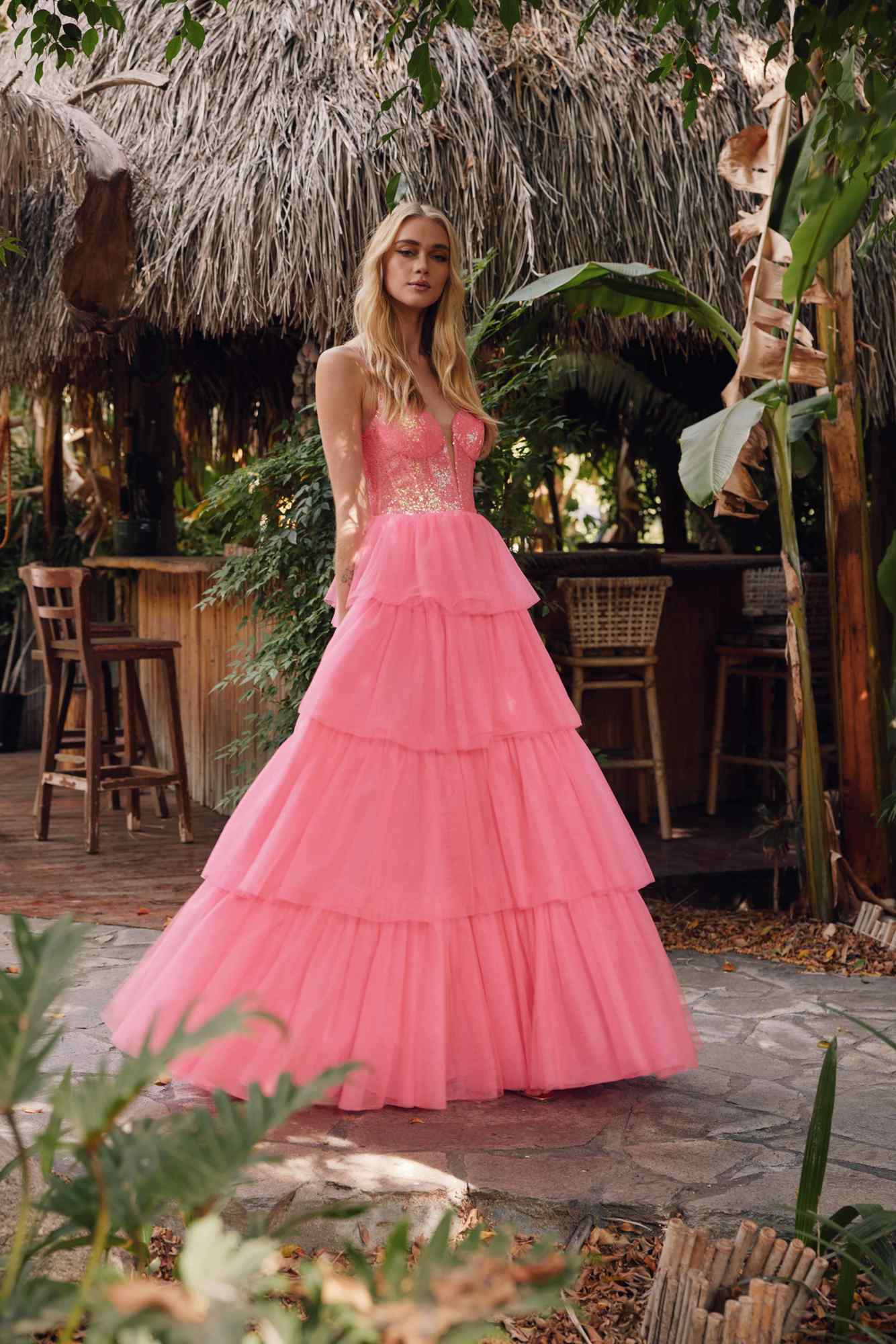 Juliet JT2457H Long Tiered Ruffled Tulle A-Line Sequin Bodice Dress by DiscountDressShop