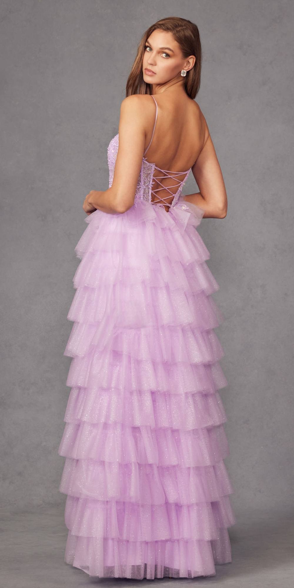 Juliet JT2458A Long Ruffle Tulle A-Line Ball Gown Bustier Bodice Thin Straps by DiscountDressShop