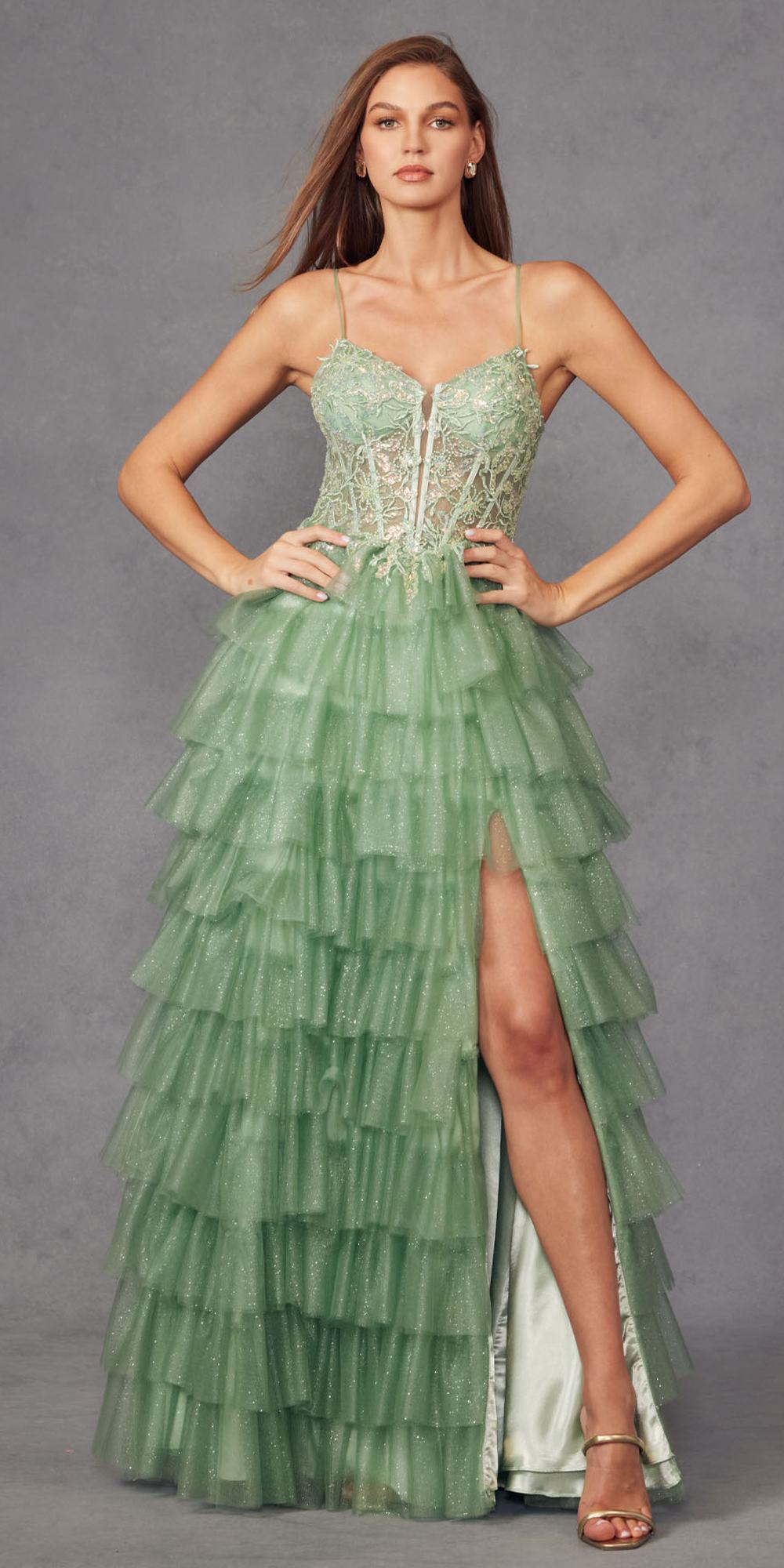 Juliet JT2458A Long Ruffle Tulle A-Line Ball Gown Bustier Bodice Thin Straps by DiscountDressShop