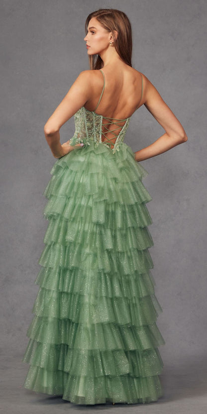 Juliet JT2458A Long Ruffle Tulle A-Line Ball Gown Bustier Bodice Thin Straps by DiscountDressShop