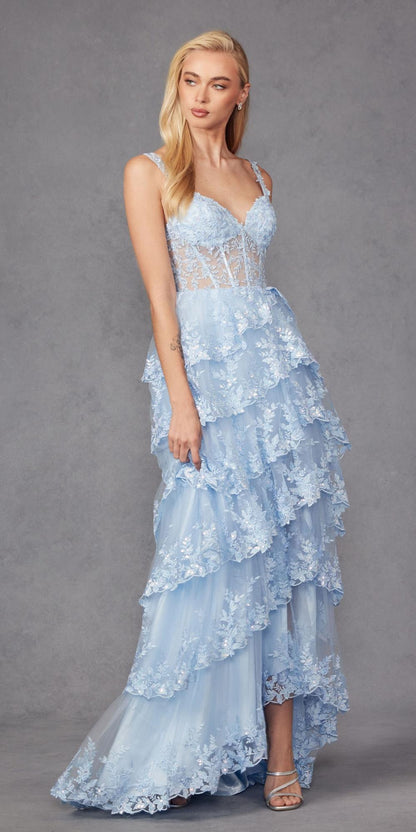 Juliet JT2463A Long Tiered Ruffled Skirt A-Line Boned Bodice Dress by DiscountDressShop