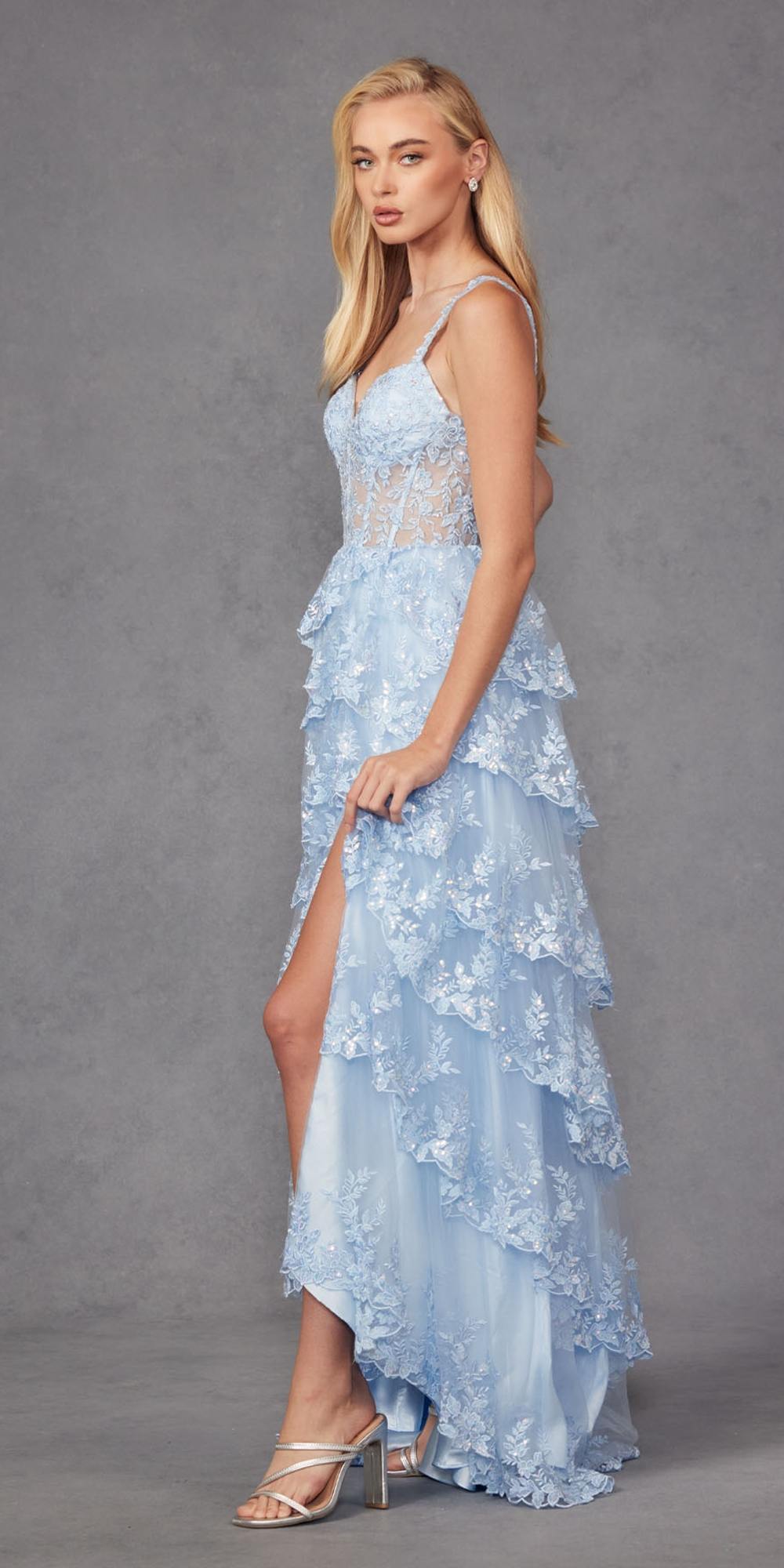 Juliet JT2463A Long Tiered Ruffled Skirt A-Line Boned Bodice Dress by DiscountDressShop