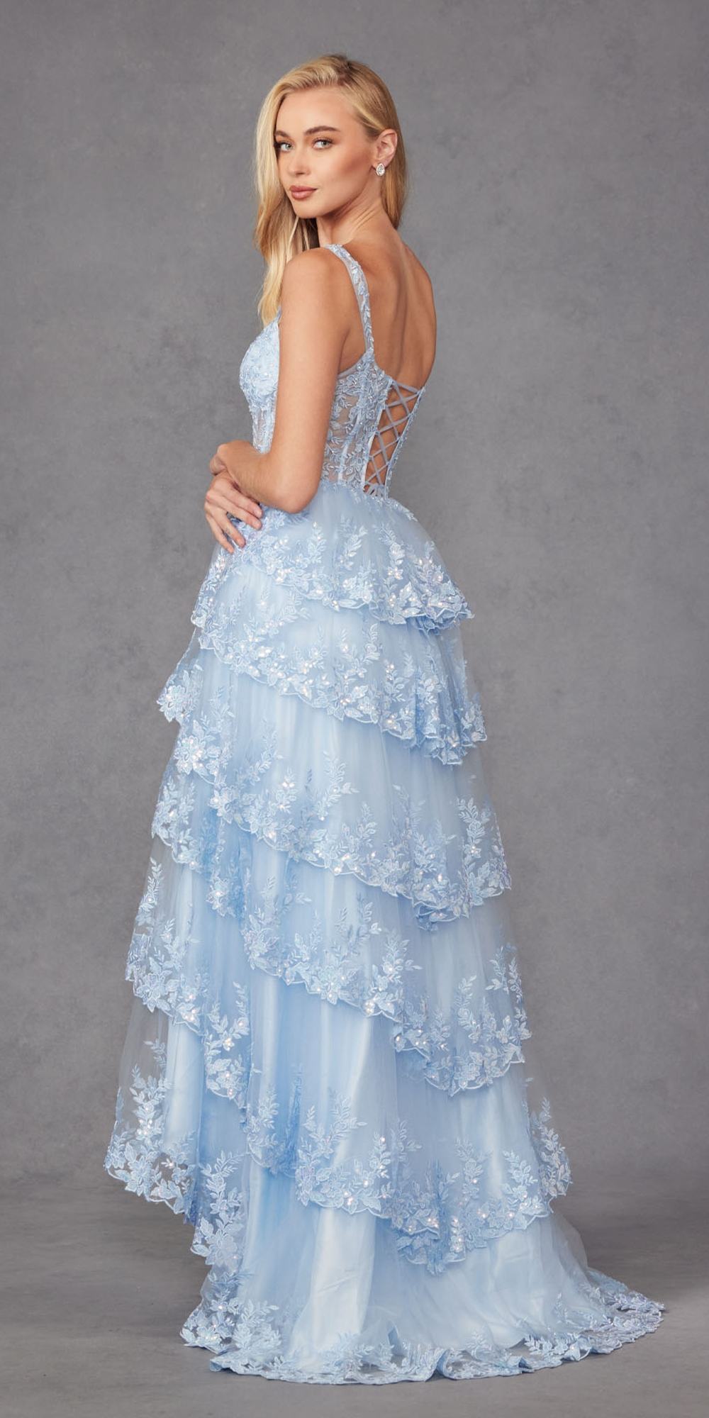Juliet JT2463A Long Tiered Ruffled Skirt A-Line Boned Bodice Dress by DiscountDressShop