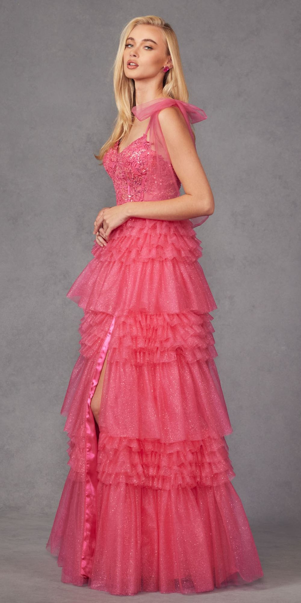 Juliet JT2465A Long Glitter Tulle A-Line Leg Slit Ribbon Bow Strap Gown by DiscountDressShop