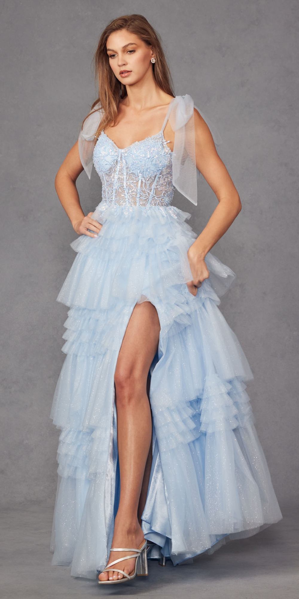 Juliet JT2465A Long Glitter Tulle A-Line Leg Slit Ribbon Bow Strap Gown by DiscountDressShop