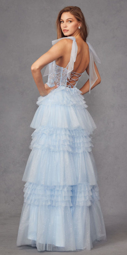 Juliet JT2465A Long Glitter Tulle A-Line Leg Slit Ribbon Bow Strap Gown by DiscountDressShop