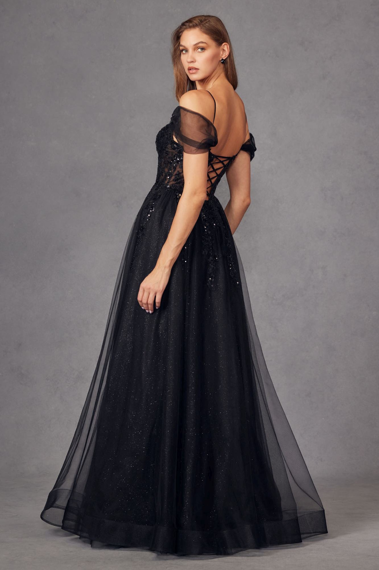 Juliet JT2466A Long Cold Shoulder Sweetheart Corset Bodice A-Line Gown by DiscountDressShop