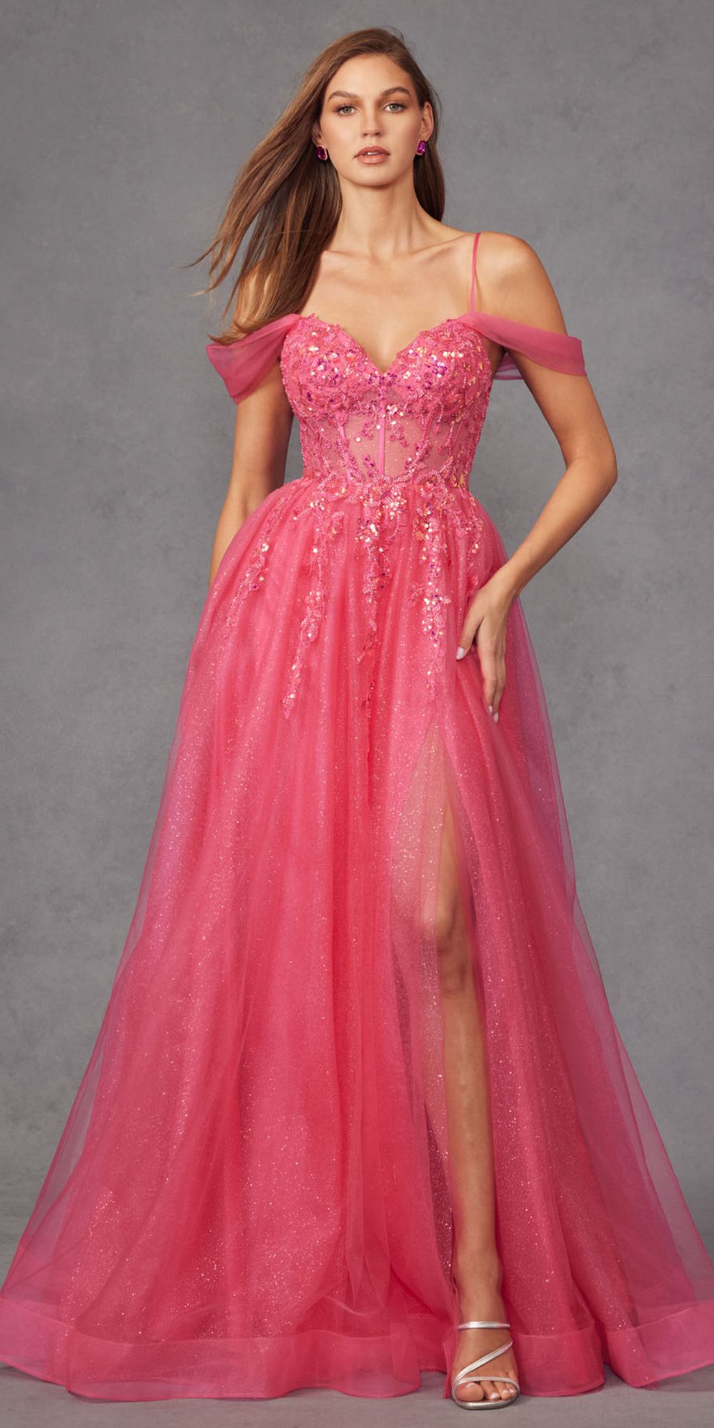 Juliet JT2466A Long Cold Shoulder Sweetheart Corset Bodice A-Line Gown by DiscountDressShop